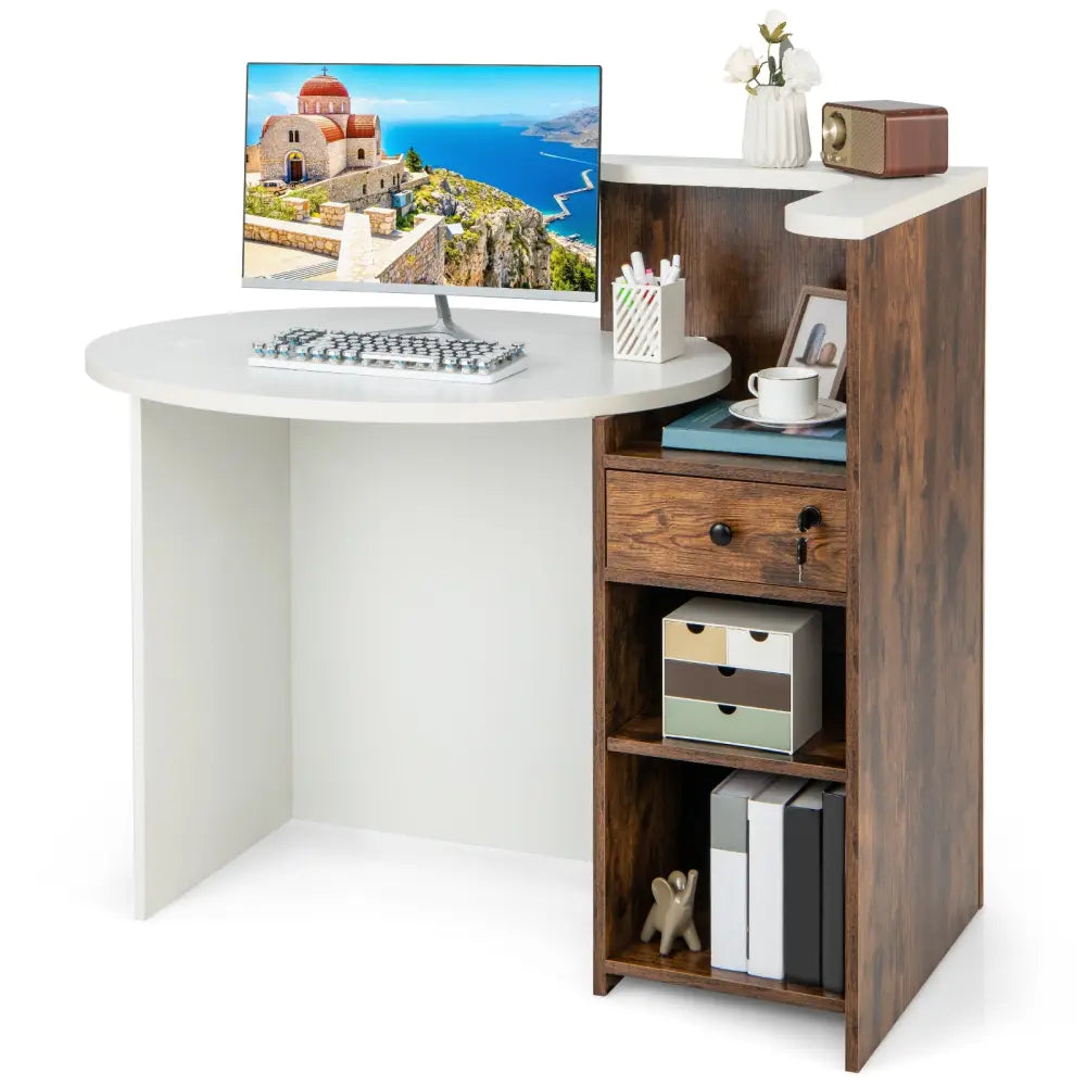 Front Reception Office Desk with Open Shelf and Drawer-Brown & White - Brown & White - Computer Desks