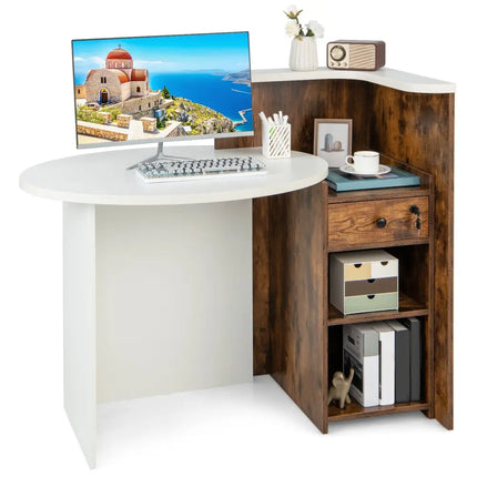 Front Reception Office Desk with Open Shelf and Drawer-Brown & White - Brown & White - Computer Desks
