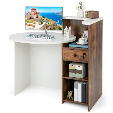 Front Reception Office Desk with Open Shelf and Drawer-Brown & White - Brown & White - Computer Desks