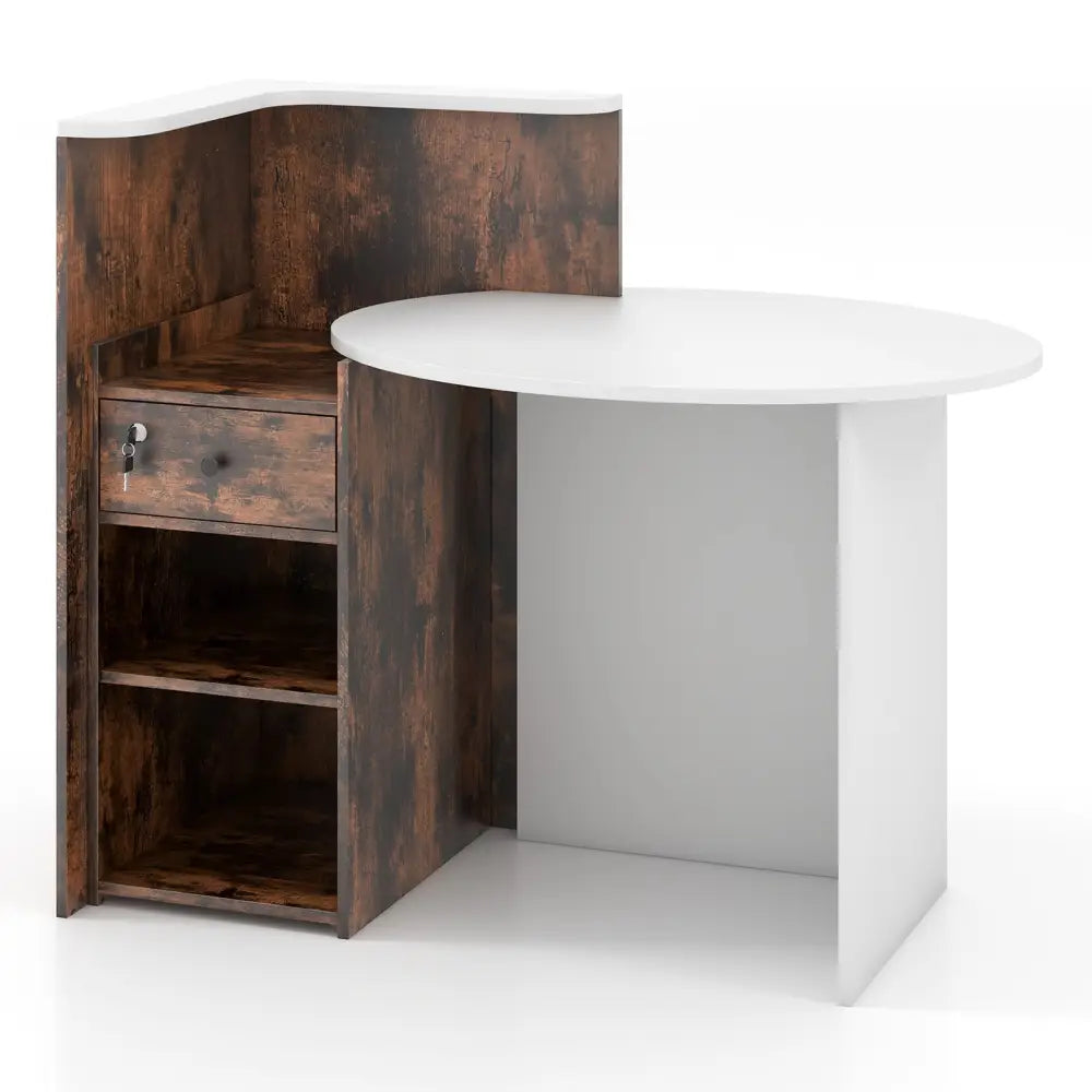 Front Reception Office Desk with Open Shelf and Lockable Drawer-Rustic Brown - Rustic Brown - Corner Desks