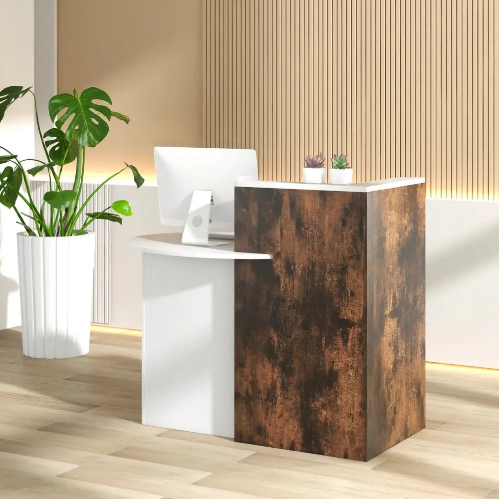 Front Reception Office Desk with Open Shelf and Lockable Drawer-Rustic Brown - Rustic Brown - Corner Desks
