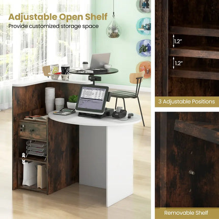 Front Reception Office Desk with Open Shelf and Lockable Drawer-Rustic Brown - Rustic Brown - Corner Desks