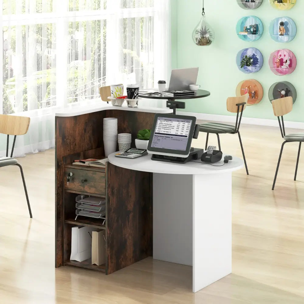 Front Reception Office Desk with Open Shelf and Lockable Drawer-Rustic Brown - Rustic Brown - Corner Desks