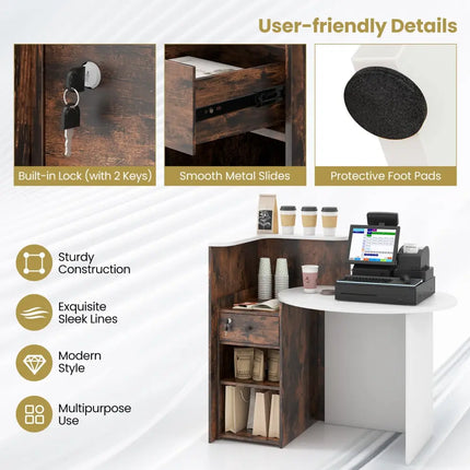 Front Reception Office Desk with Open Shelf and Lockable Drawer-Rustic Brown - Rustic Brown - Corner Desks