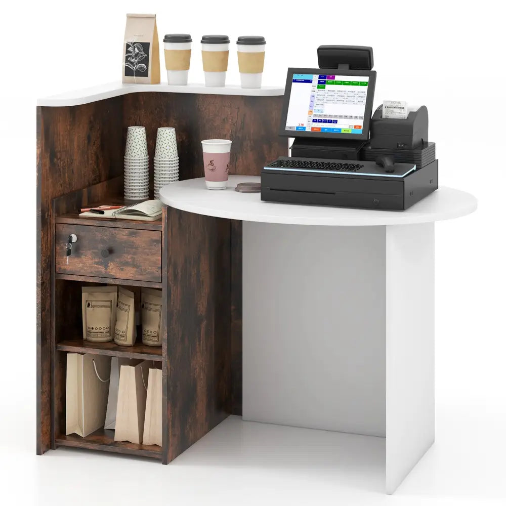 Front Reception Office Desk with Open Shelf and Lockable Drawer-Rustic Brown - Rustic Brown - Corner Desks