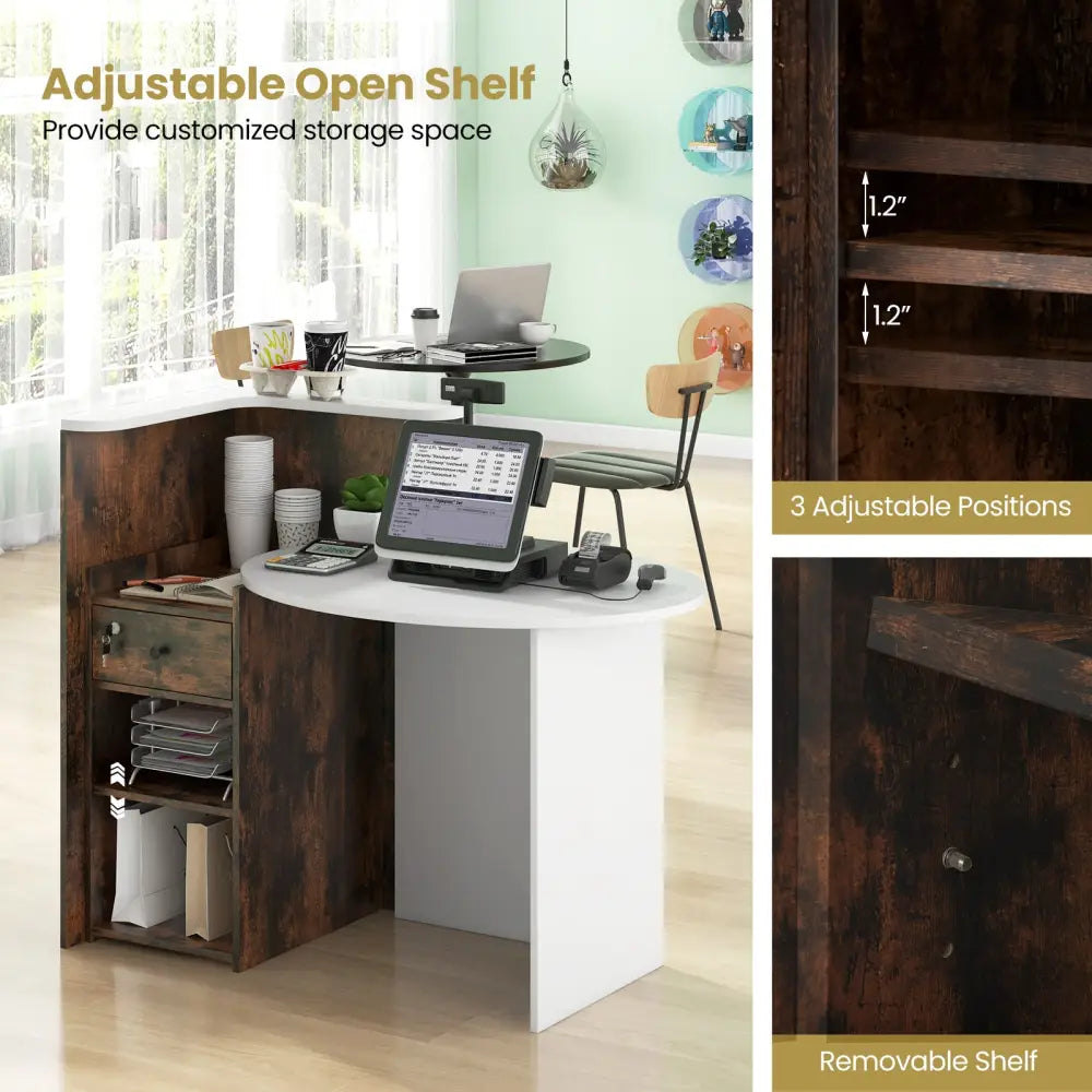Front Reception Office Desk with Open Shelf and Lockable Drawer-Rustic Brown - Rustic Brown - Corner Desks