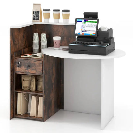 Front Reception Office Desk with Open Shelf and Lockable Drawer-Rustic Brown - Rustic Brown - Corner Desks