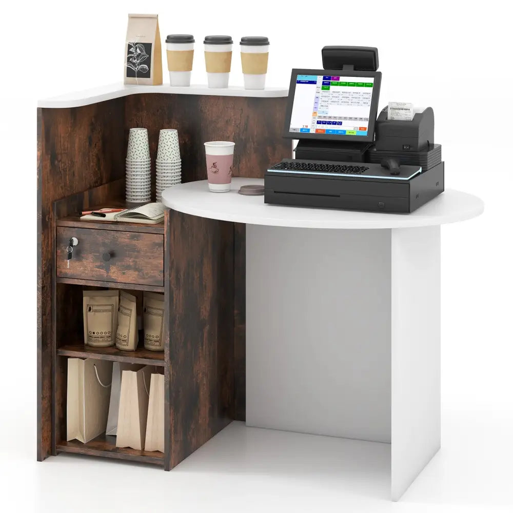Front Reception Office Desk with Open Shelf and Lockable Drawer-Rustic Brown - Rustic Brown - Corner Desks