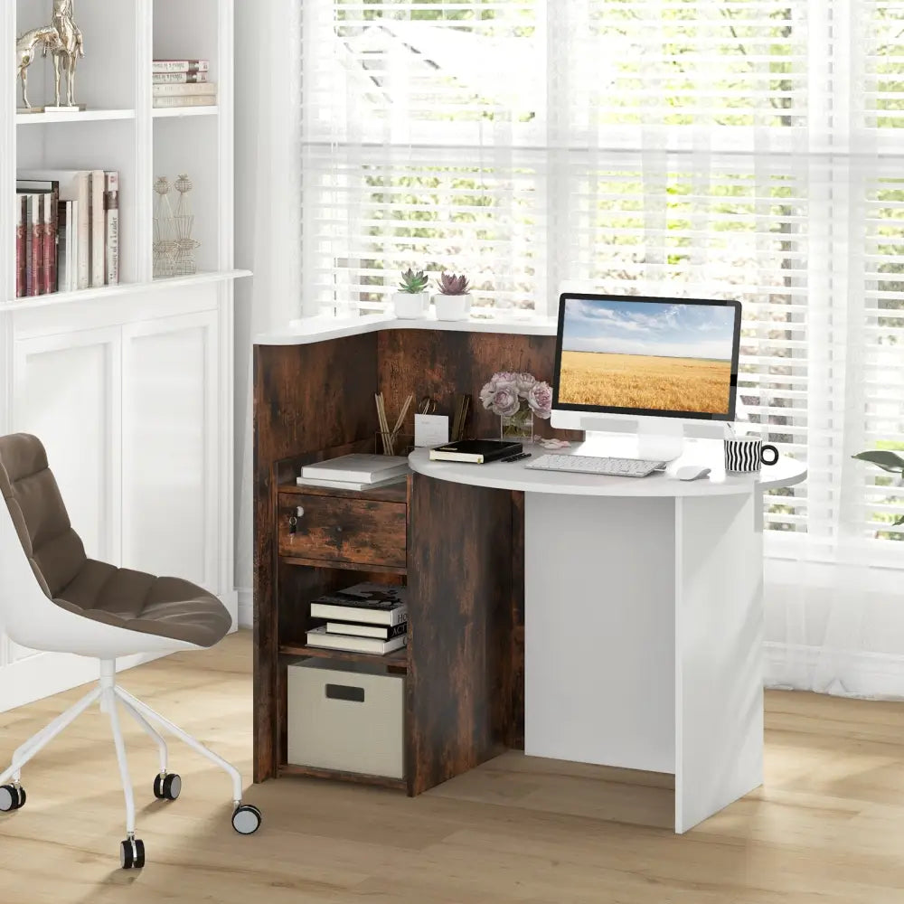 Front Reception Office Desk with Open Shelf and Lockable Drawer-Rustic Brown - Rustic Brown - Corner Desks