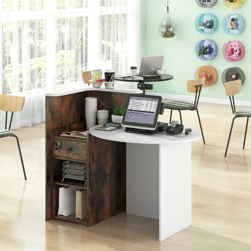 Front Reception Office Desk with Open Shelf and Lockable Drawer-Rustic Brown - Rustic Brown - Corner Desks