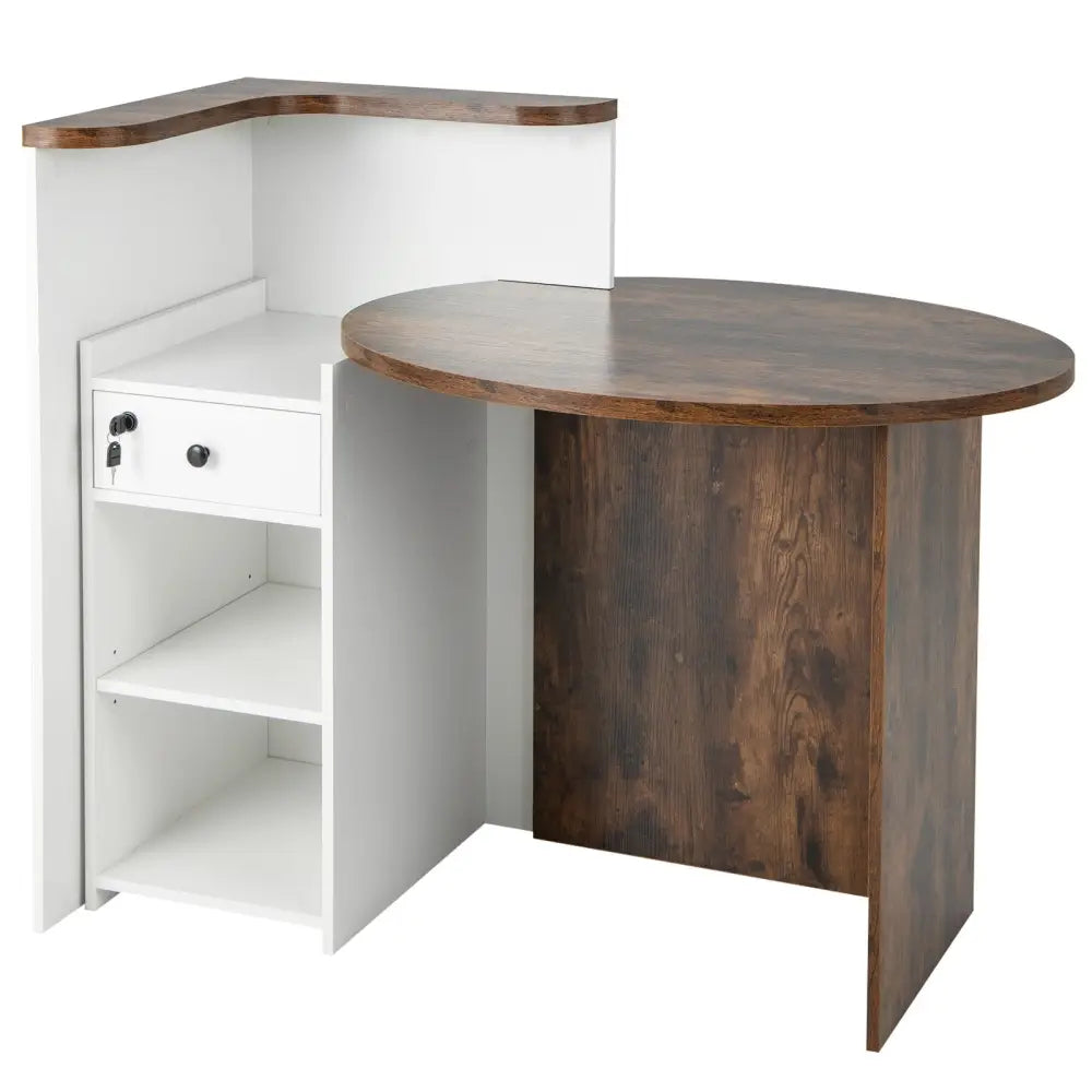 Front Reception Office Desk with Open Shelf and Lockable Drawer-Brown & White - Brown & White - Corner Desks