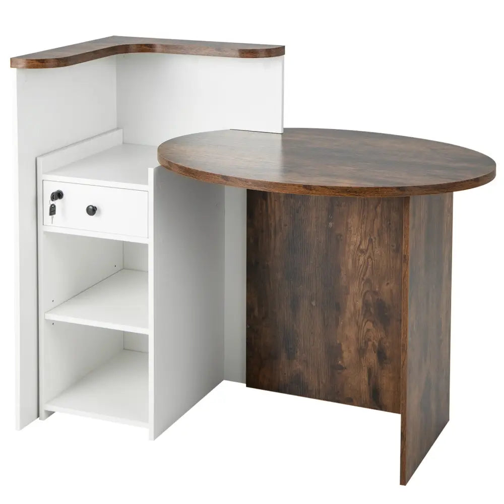 Front Reception Office Desk with Open Shelf and Lockable Drawer-Brown & White - Brown & White - Corner Desks