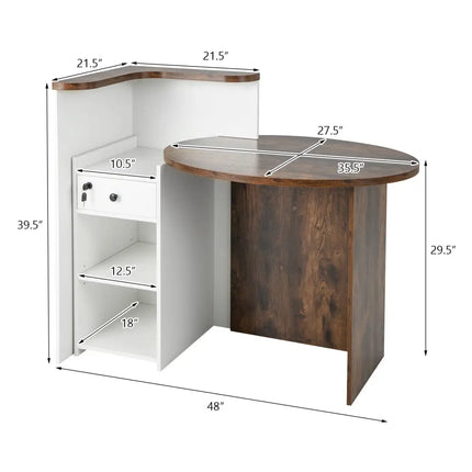 Front Reception Office Desk with Open Shelf and Lockable Drawer-Brown & White - Brown & White - Corner Desks