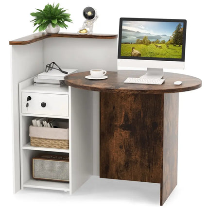 Front Reception Office Desk with Open Shelf and Lockable Drawer-Brown & White - Brown & White - Corner Desks