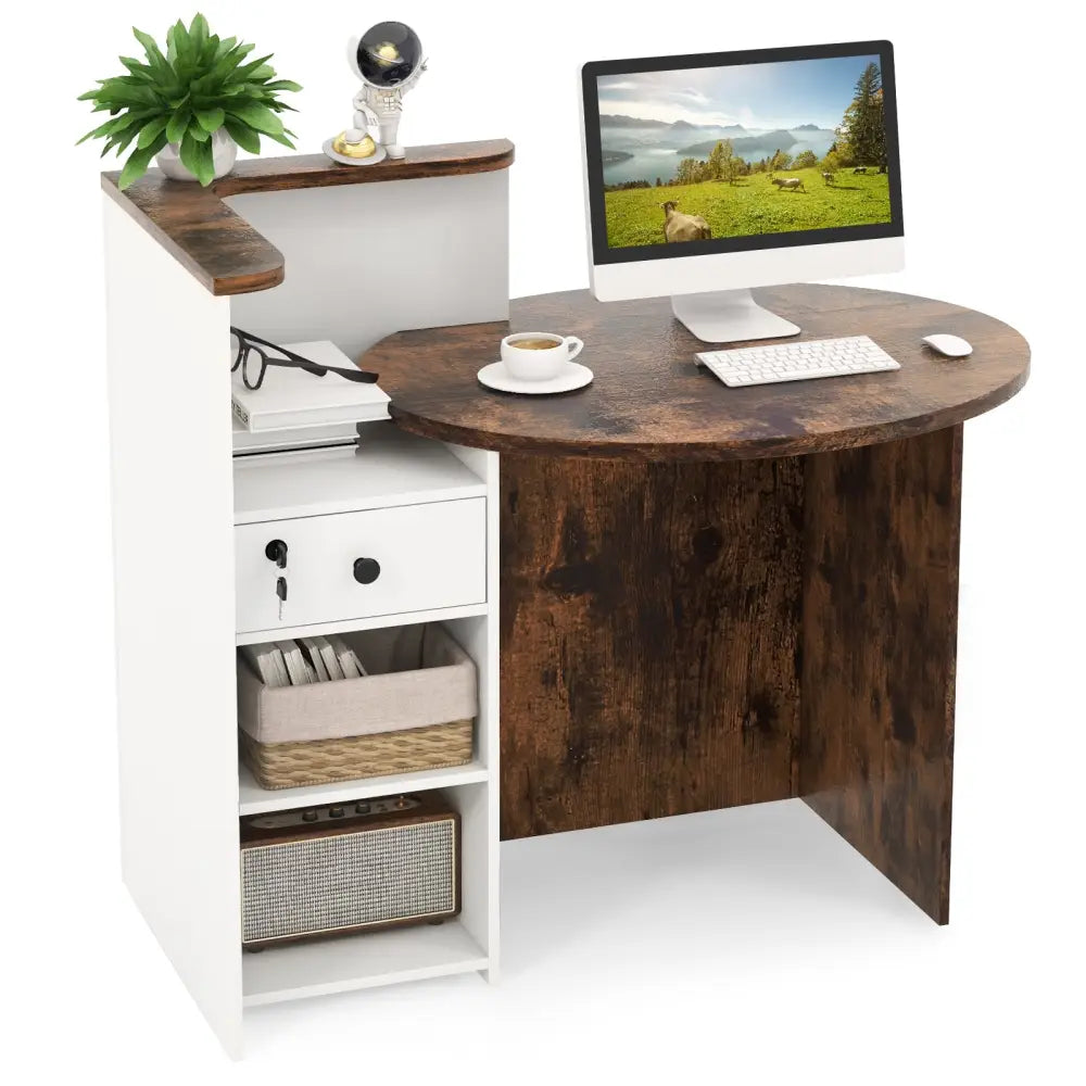 Front Reception Office Desk with Open Shelf and Lockable Drawer-Brown & White - Brown & White - Corner Desks