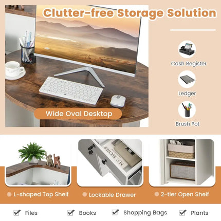 Front Reception Office Desk with Open Shelf and Lockable Drawer-Brown & White - Brown & White - Corner Desks