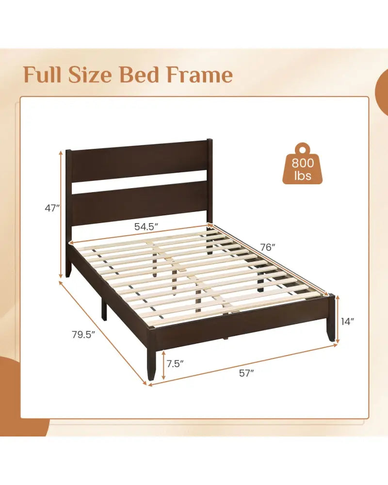 Full Bed Frame with Headboad and Solid Wood Legs 12 Slats-Dark Walnut - Dark Walnut - Beds & Bed Frames
