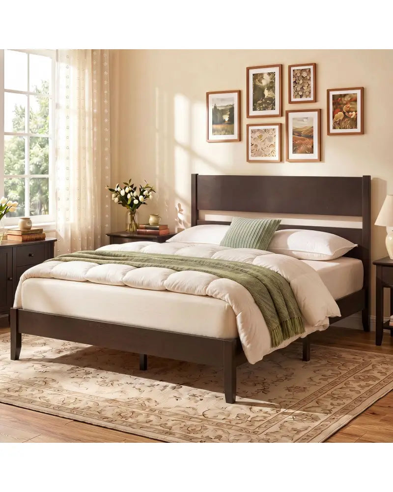 Full Bed Frame with Headboad and Solid Wood Legs 12 Slats-Dark Walnut - Dark Walnut - Beds & Bed Frames