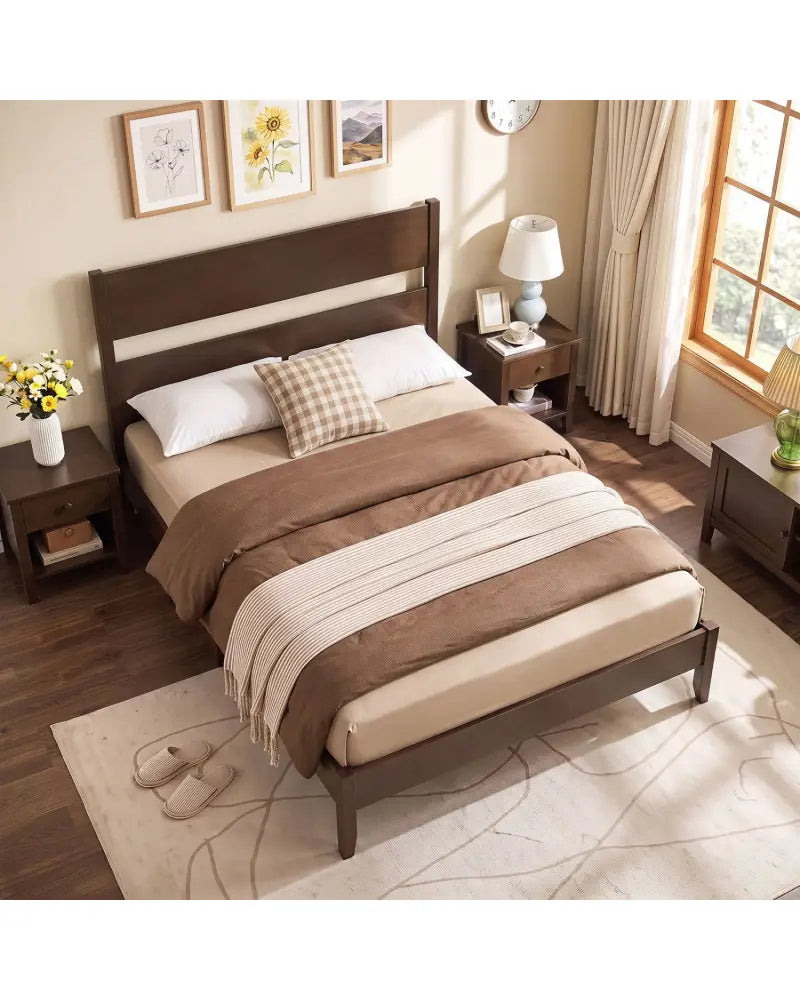 Full Bed Frame with Headboad and Solid Wood Legs 12 Slats-Dark Walnut - Dark Walnut - Beds & Bed Frames