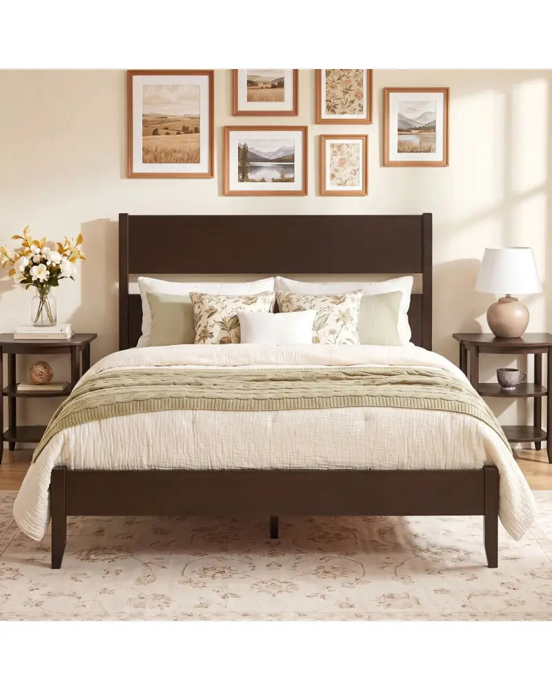 Full Bed Frame with Headboad and Solid Wood Legs 12 Slats-Dark Walnut - Dark Walnut - Beds & Bed Frames