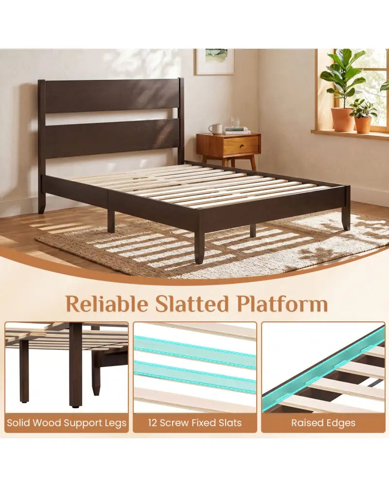 Full Bed Frame with Headboad and Solid Wood Legs 12 Slats-Dark Walnut - Dark Walnut - Beds & Bed Frames