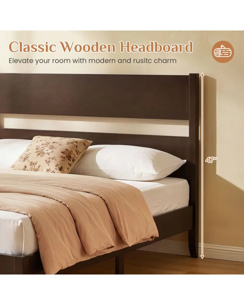 Full Bed Frame with Headboad and Solid Wood Legs 12 Slats-Dark Walnut - Dark Walnut - Beds & Bed Frames
