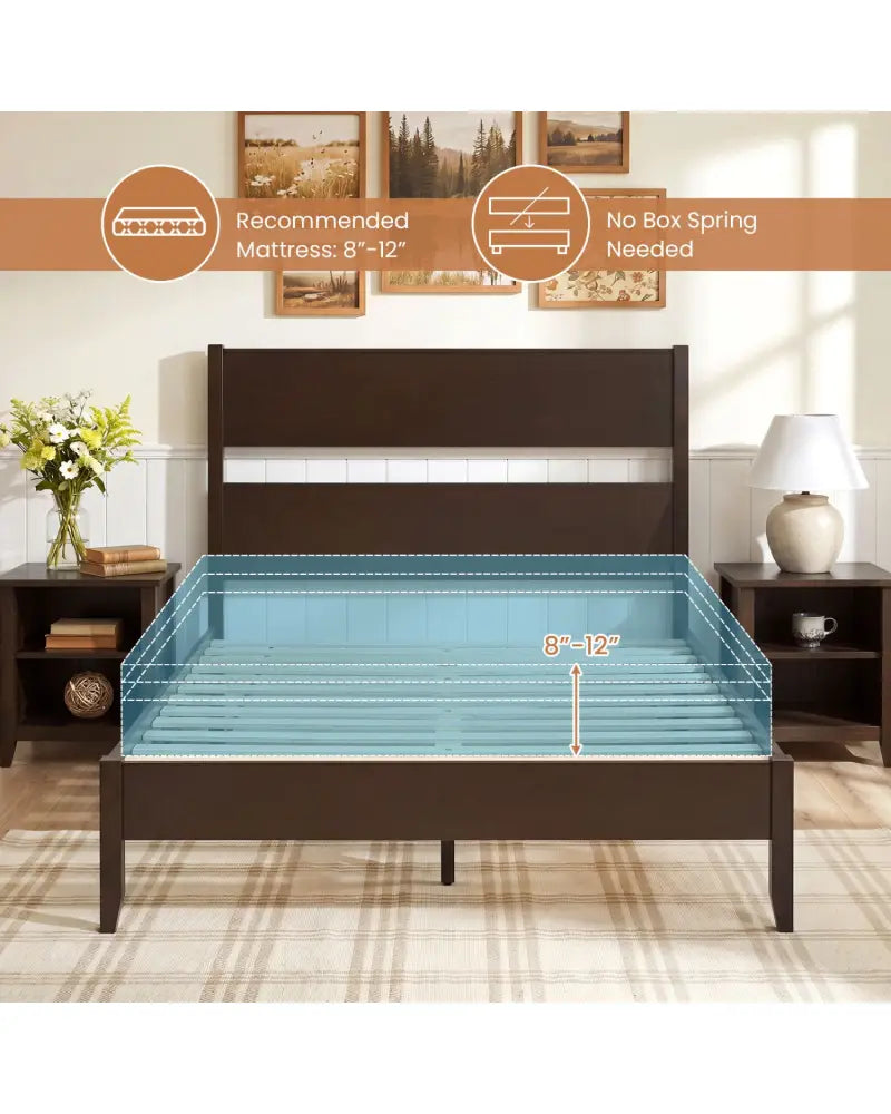 Full Bed Frame with Headboad and Solid Wood Legs 12 Slats-Dark Walnut - Dark Walnut - Beds & Bed Frames