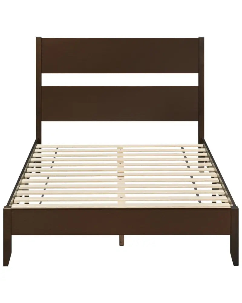 Full Bed Frame with Headboad and Solid Wood Legs 12 Slats-Dark Walnut - Dark Walnut - Beds & Bed Frames