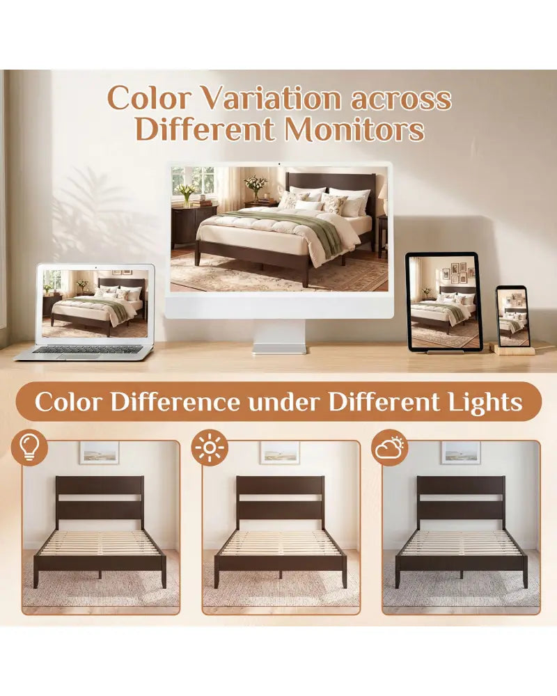 Full Bed Frame with Headboad and Solid Wood Legs 12 Slats-Dark Walnut - Dark Walnut - Beds & Bed Frames