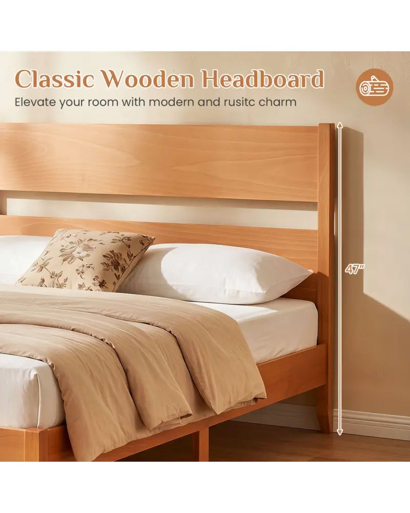 Full Bed Frame with Headboad and Solid Wood Legs 12 Slats-Warm Brown - Brown - Beds & Bed Frames