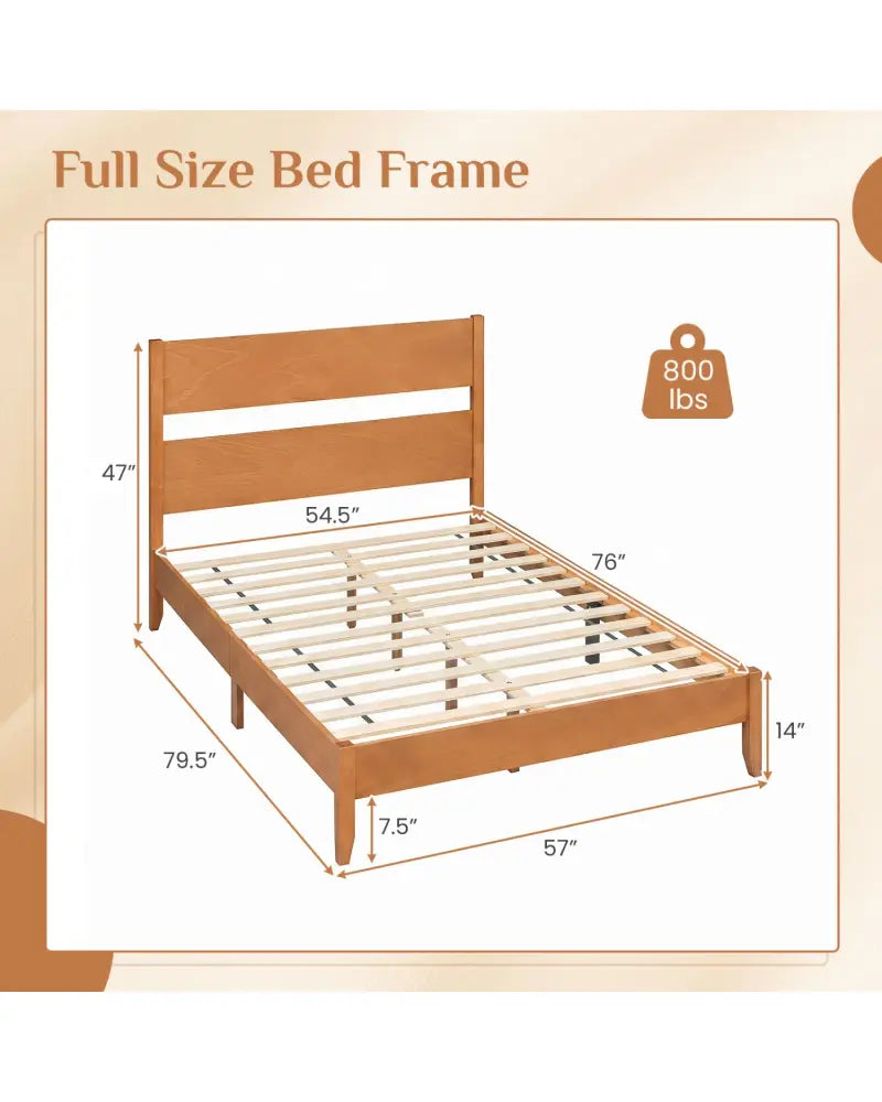 Full Bed Frame with Headboad and Solid Wood Legs 12 Slats-Warm Brown - Brown - Beds & Bed Frames