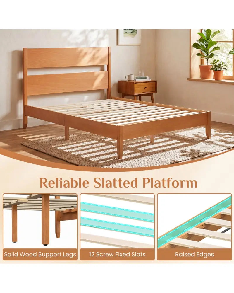 Full Bed Frame with Headboad and Solid Wood Legs 12 Slats-Warm Brown - Brown - Beds & Bed Frames