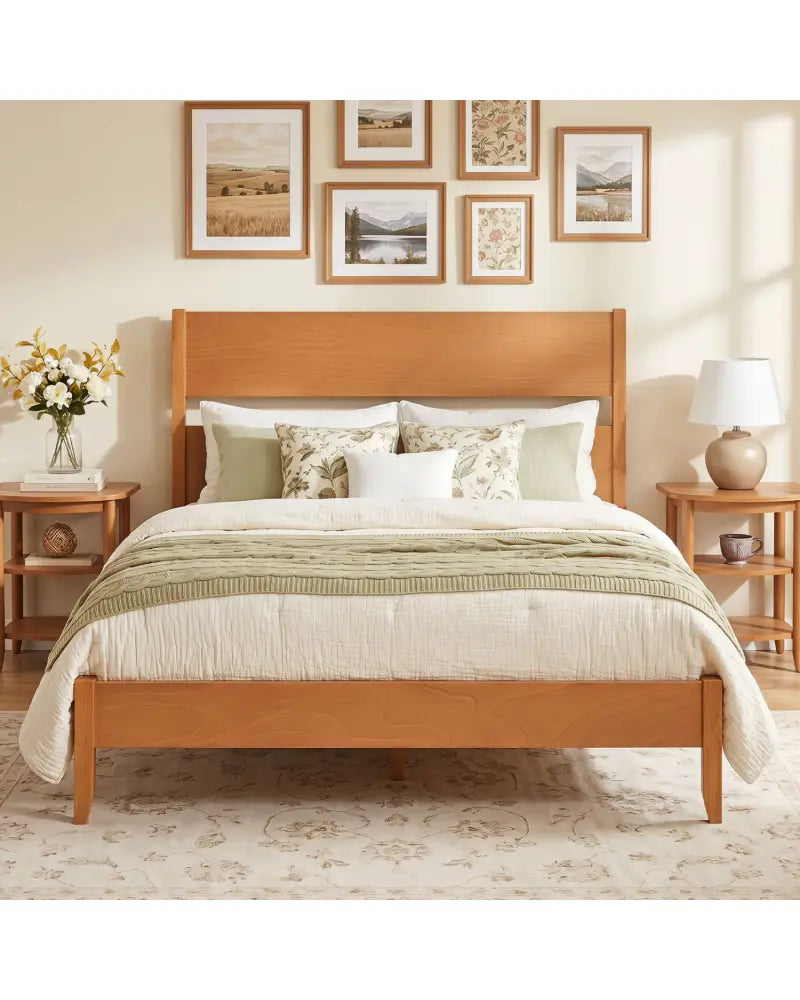 Full Bed Frame with Headboad and Solid Wood Legs 12 Slats-Warm Brown - Brown - Beds & Bed Frames