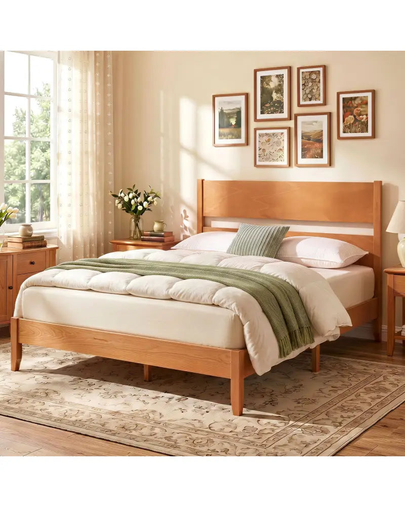 Full Bed Frame with Headboad and Solid Wood Legs 12 Slats-Warm Brown - Brown - Beds & Bed Frames
