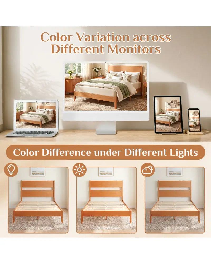 Full Bed Frame with Headboad and Solid Wood Legs 12 Slats-Warm Brown - Brown - Beds & Bed Frames