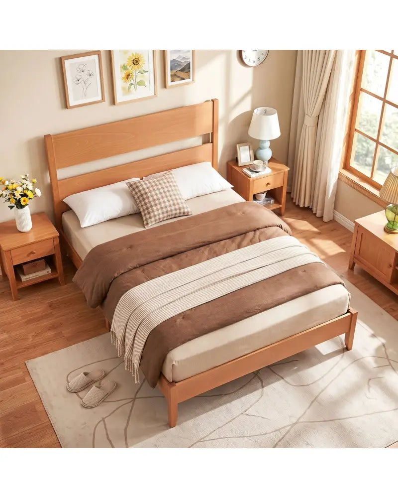 Full Bed Frame with Headboad and Solid Wood Legs 12 Slats-Warm Brown - Brown - Beds & Bed Frames