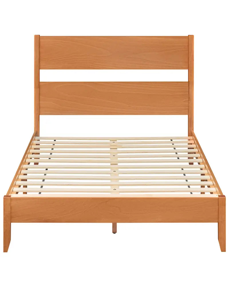Full Bed Frame with Headboad and Solid Wood Legs 12 Slats-Warm Brown - Brown - Beds & Bed Frames