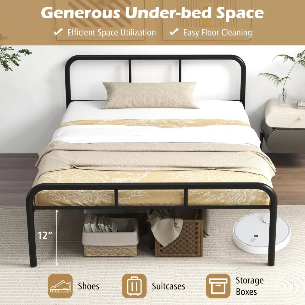 Full Bed Frame with Headboard and Footboard No Box Spring Needed-Black - Black - Simple Bed Frame