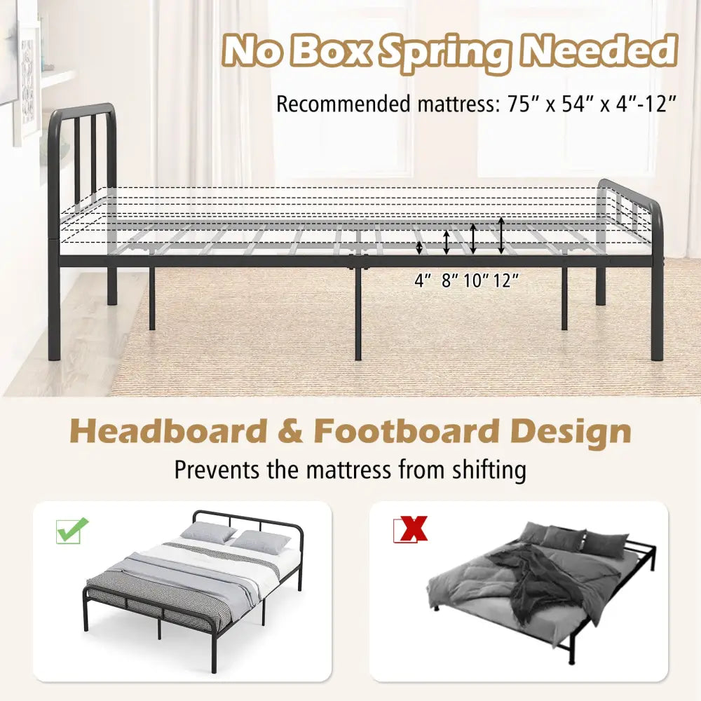 Full Bed Frame with Headboard and Footboard No Box Spring Needed-Black - Black - Simple Bed Frame