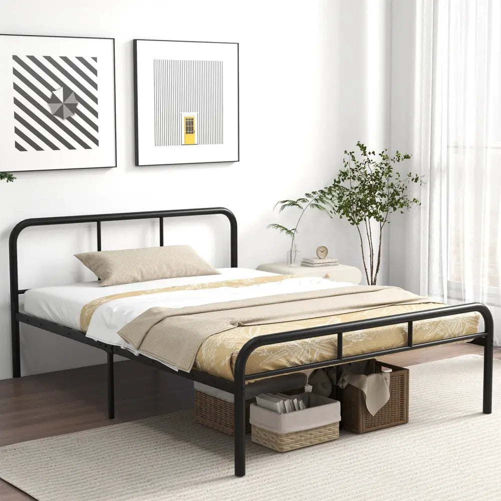 Full Bed Frame with Headboard and Footboard No Box Spring Needed-Black - Black - Simple Bed Frame