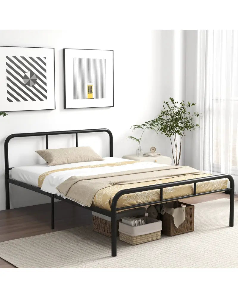 Full Bed Frame with Headboard and Footboard No Box Spring Needed-Black - Black - Simple Bed Frame
