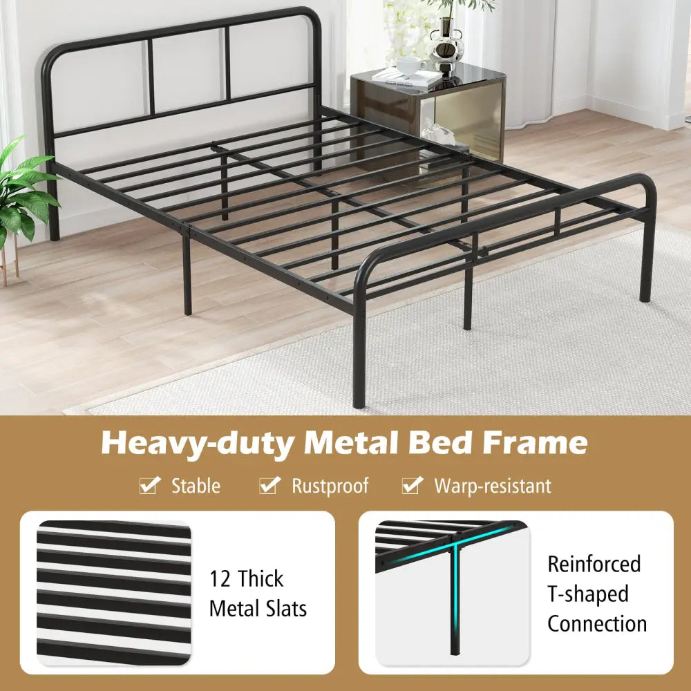 Full Bed Frame with Headboard and Footboard No Box Spring Needed-Black - Black - Simple Bed Frame