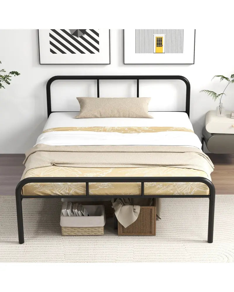 Full Bed Frame with Headboard and Footboard No Box Spring Needed-Black - Black - Simple Bed Frame