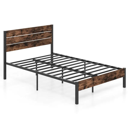 Full/King/Queen/Twin Size Bed Frame with High Headboard and Mute Bar-Full Size - Rustic Brown - Simple Bed Frame