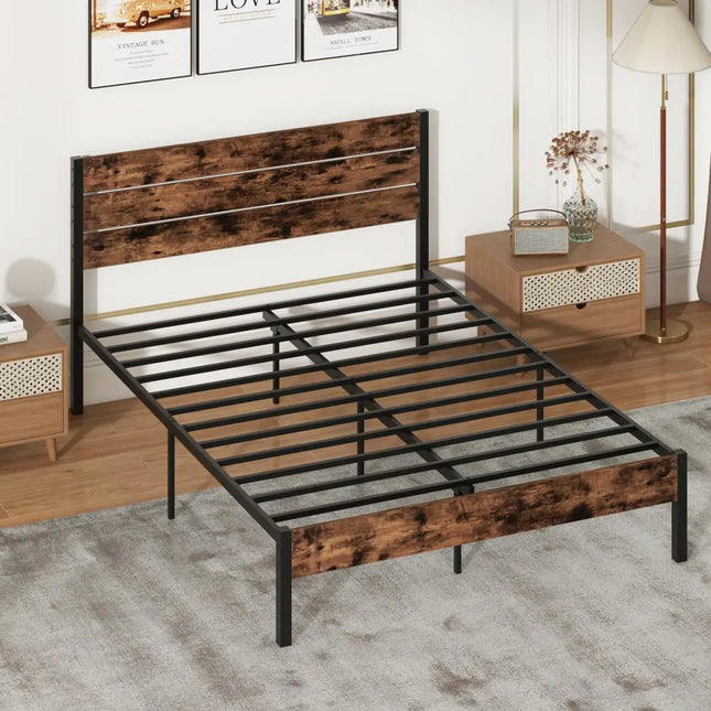 Full/King/Queen/Twin Size Bed Frame with High Headboard and Mute Bar-Queen Size - Rustic Brown - Simple Bed Frame