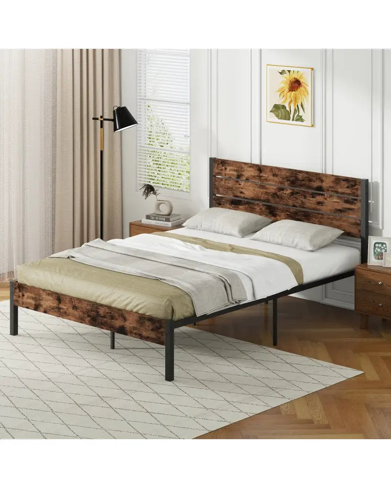 Full/King/Queen/Twin Size Bed Frame with High Headboard and Mute Bar-Queen Size - Rustic Brown - Simple Bed Frame