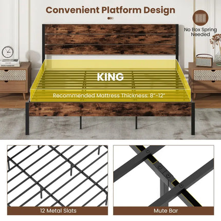 Full/King/Queen/Twin Size Bed Frame with High Headboard and Mute Bar-King Size - Rustic Brown - Simple Bed Frame