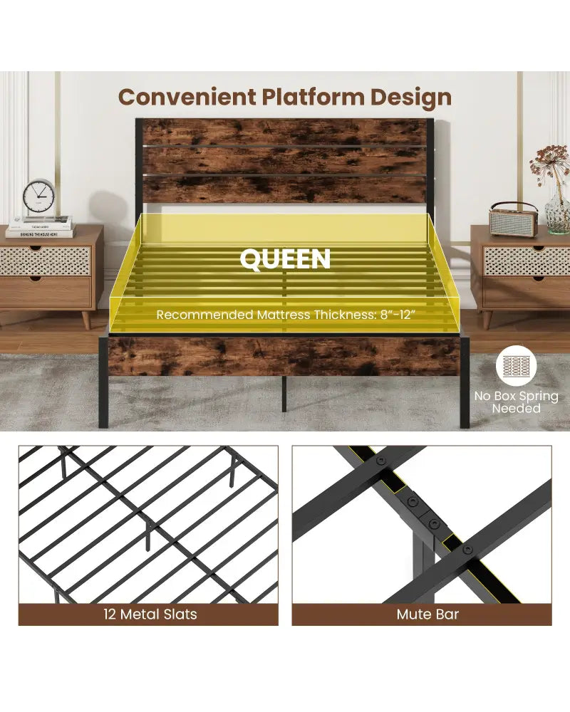 Full/King/Queen/Twin Size Bed Frame with High Headboard and Mute Bar-Queen Size - Rustic Brown - Simple Bed Frame