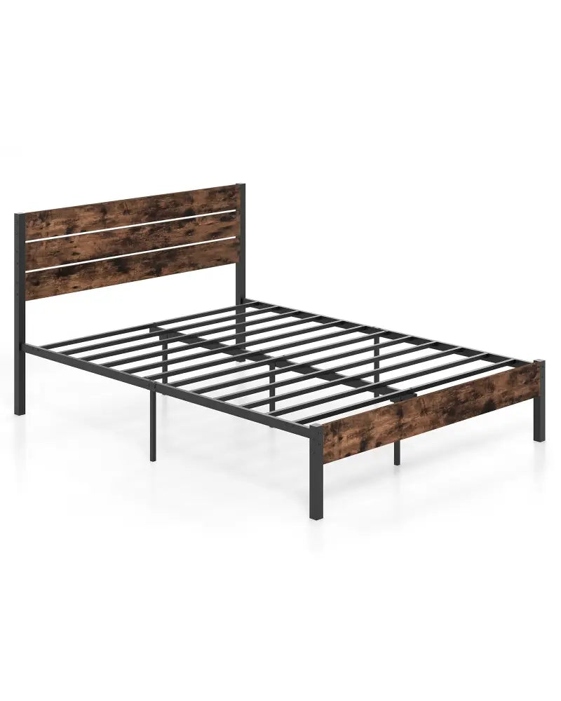 Full/King/Queen/Twin Size Bed Frame with High Headboard and Mute Bar-Queen Size - Rustic Brown - Simple Bed Frame