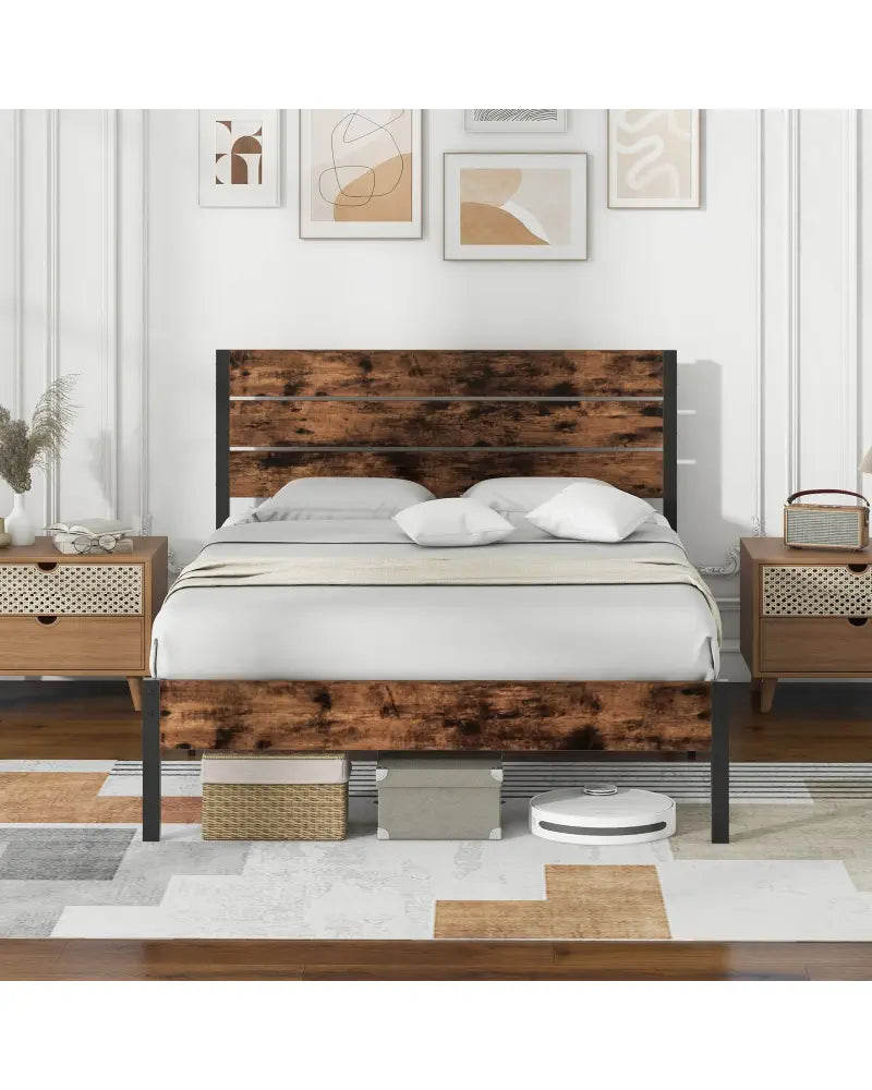 Full/King/Queen/Twin Size Bed Frame with High Headboard and Mute Bar-Full Size - Rustic Brown - Simple Bed Frame